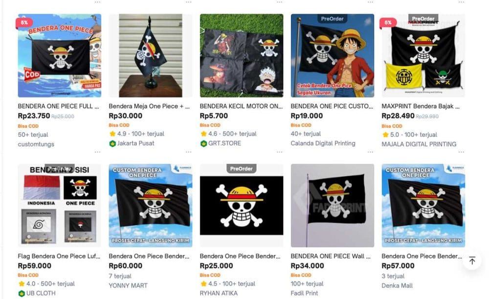 「トコペディア」にあふれる「ワンピース」の海賊旗。卓上用、バイクに付ける用など、さまざま